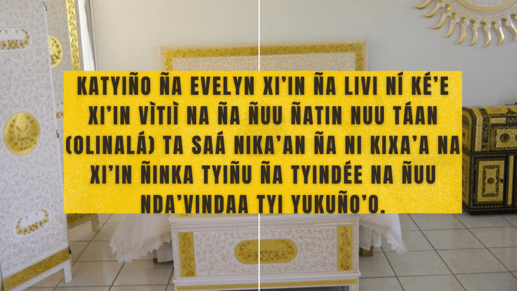 Katyiño ña Evelyn xi’in ña livi ní ké’e xi’in vìtiì na ña Ñuu Ñatin nuu Táan (Olinalá) ta saá nika’an ña ni kixa’a na xi’in ñinka tyiñu ña tyindée na ñuu nda’vindaa tyi&nbsp;Yukuño’o.