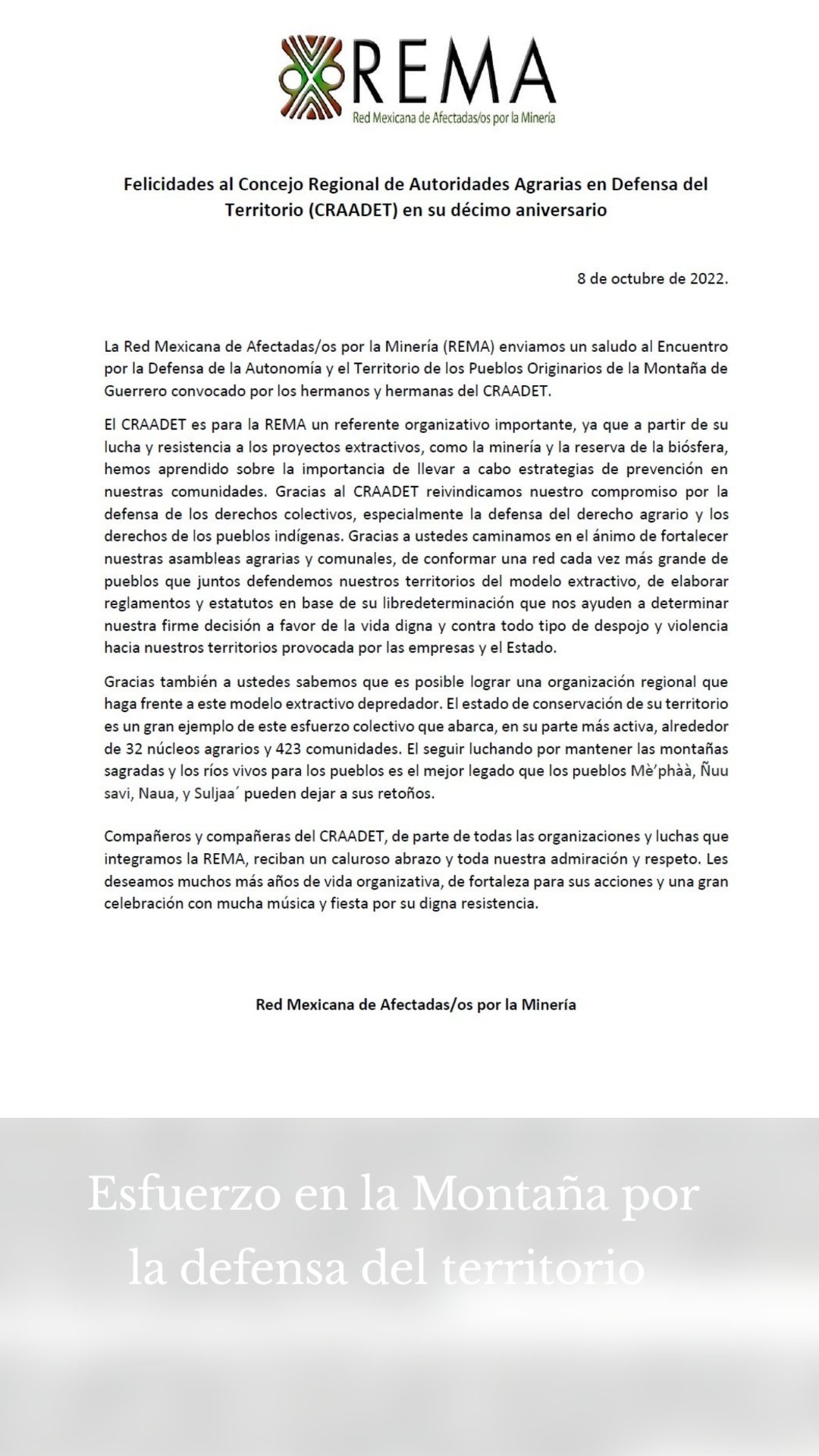Esfuerzo en la Montaña por la defensa del territorio 