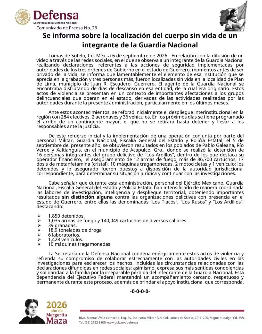 Informa DEFENSA sobre la localización del cuerpo sin vida de un integrante de la Guardia Nacional